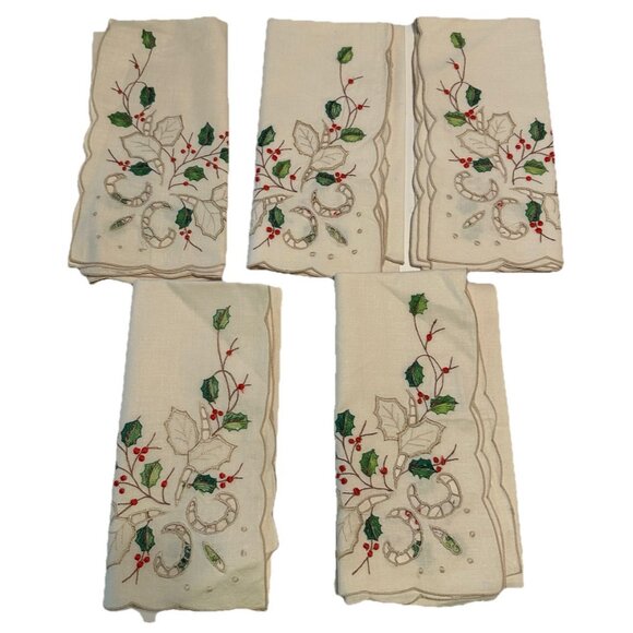 VTG 5 LENOX Embroidered Cut Out Holiday Cloth Napkins Holly Berry - Picture 1 of 7